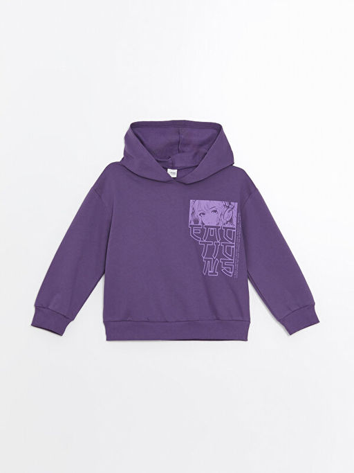 Kap??onlu Bask?l? Uzun Kollu K?z ?ocuk Sweatshirt