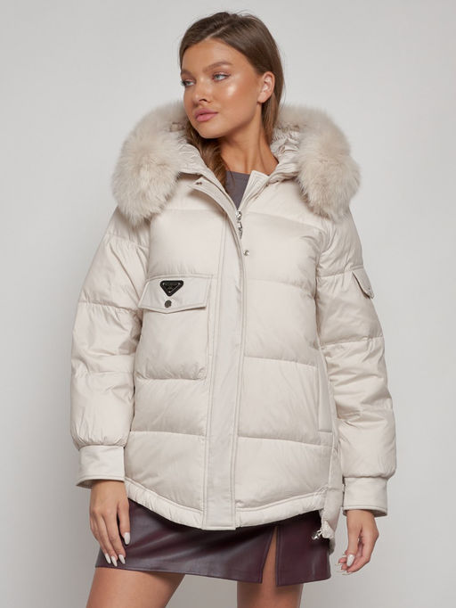 Куртка зимняя женская модная с мехом бежевого цвета 13301B - Visdeer фото 10