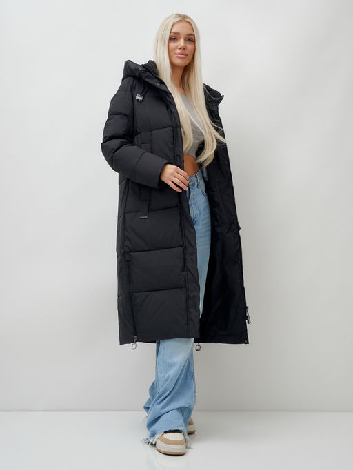 Пальто утепленное стеганное зимнее с капюшоном женское черного цвета 9608Ch - Mtforce фото 14