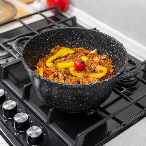 Кастрюля с антипригарным покрытием 2л, д22см "Гранит Induction", h9см, s0,37см, литые ручки, стеклянная крышка с пароотводом, форма "Классик волна", подарочная упаковка (Россия) Подходит для всех видов плит, включая индукционную.