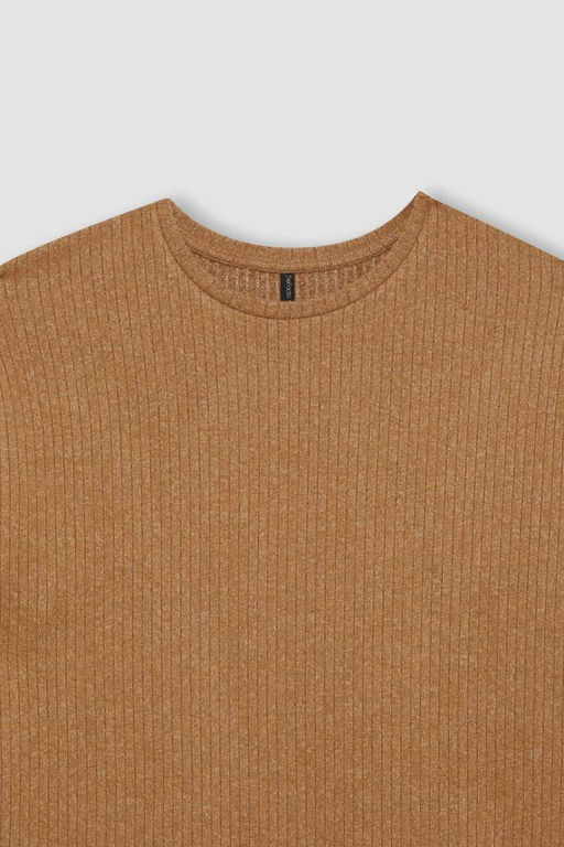 Женская футболка стандартного кроя с круглым вырезом в рубчик и длинными рукавами с боковым разрезом - Defacto фото 2