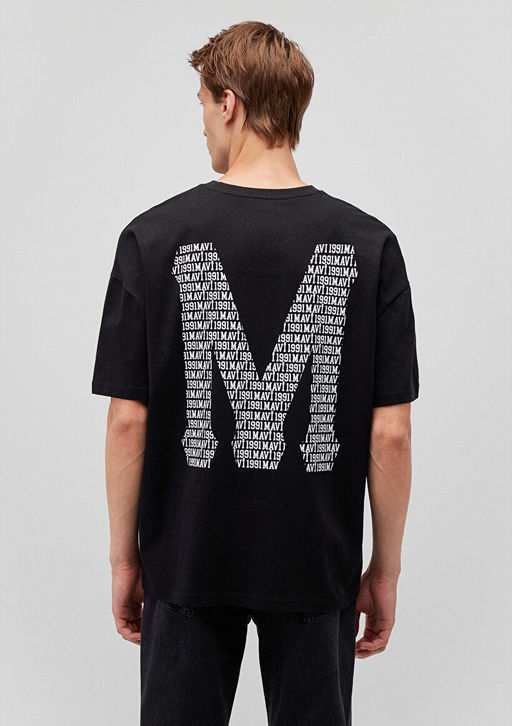 M S?rt Bask?l? Siyah Tisort - Mavi фото 5