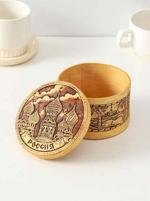Шкатулка круглая "Россия", 12х7см, береста