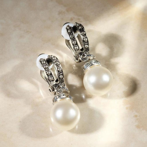 Серьги клипсы для ушей QF «Грейс», две линии с бусинами, белые в чернёном серебре