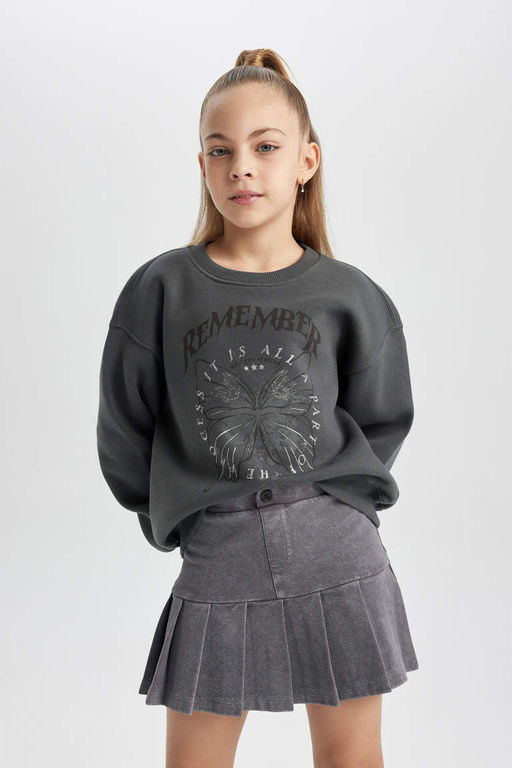 Толстый свитшот с круглым вырезом и принтом для девочек - Defacto фото 4