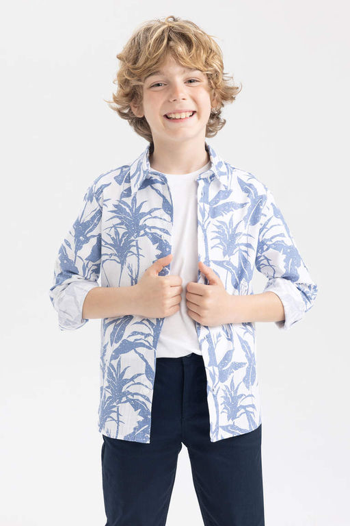 Льняная рубашка с длинным рукавом с рисунком для мальчика - Defacto фото 4
