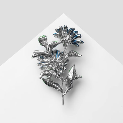 Брошь «Цветы Календулы», синяя, зелёный в серебре