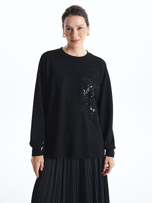 Bisiklet Yaka Pul Payetli Oversize Kad?n Sweatshirt