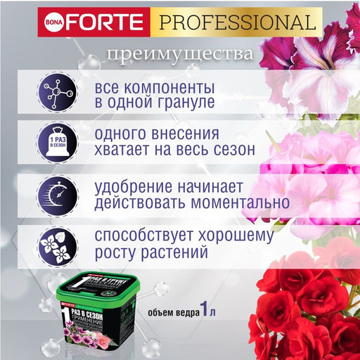 Компл. мин. удобр. "Bona Forte" Для петуний и бегоний с биодост.кремнием гранул.пролонгир., ведро 1л