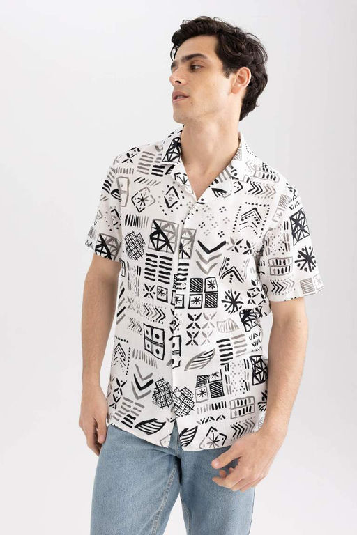 Хлопковая рубашка с коротким рукавом и принтом с вязаным крючком воротником обычного кроя - Defacto фото 8