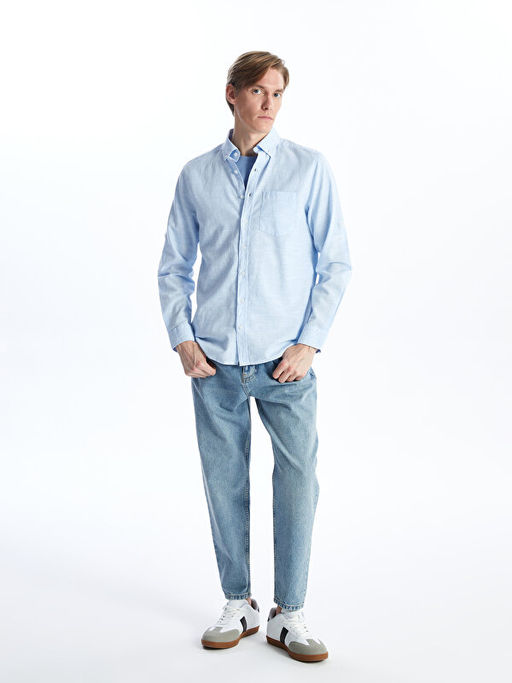 Regular Fit Uzun Kollu Keten Kar???ml? Erkek G?mlek