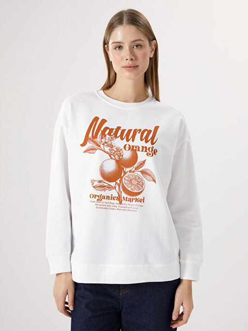 Bisiklet Yaka Bask?l? Oversize Kad?n Sweatshirt