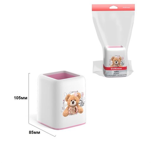 Подставка-стакан квадрат. ErichKrause "Forte. Teddy Bear" (55845) белая с розовой пастельной вставкой