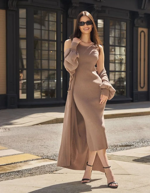 K13041 Костюм: кардиган и платье (вязаный трикотаж) БЕЖЕВЫЙ