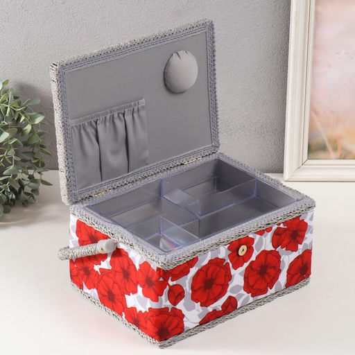 Шкатулка для рукоделия и шитья Красные маки на белом, хранение ниток, иголок, мелочи, 19?26?14.5 см