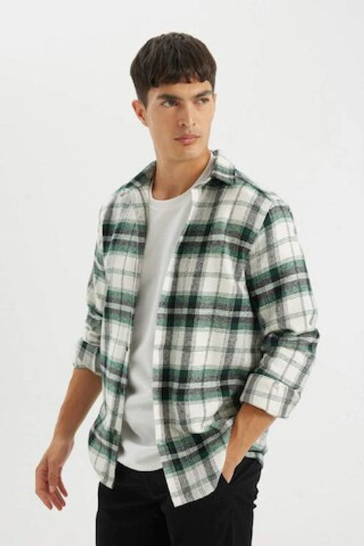 Фланелевая рубашка стандартного кроя с воротником поло и длинными рукавами в клетку - Defacto фото 3