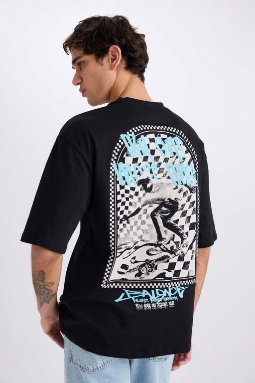 Loose Fit Bisiklet Yaka S?rt Bask?l? K?sa Kollu Tisort - Defacto фото 2