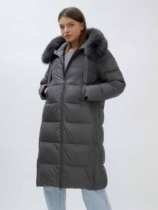 с натуральным мехом песца класса Люкс Бренд Visdeer Пальто зимние темно-серого цвета  фото 13