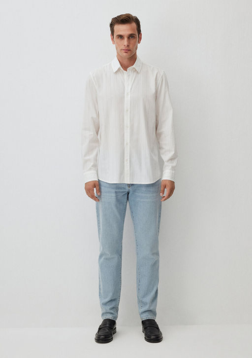 Cizgili Beyaz Gomlek - Mavi фото 2