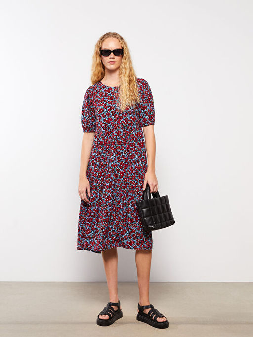 Bisiklet Yaka Desenli K?sa Kollu Viskon Kad?n Elbise