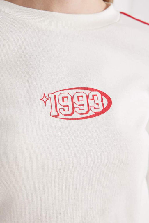 Женская белая классная футболка с круглым вырезом и длинными рукавами в рубчик с принтом - Defacto фото 7