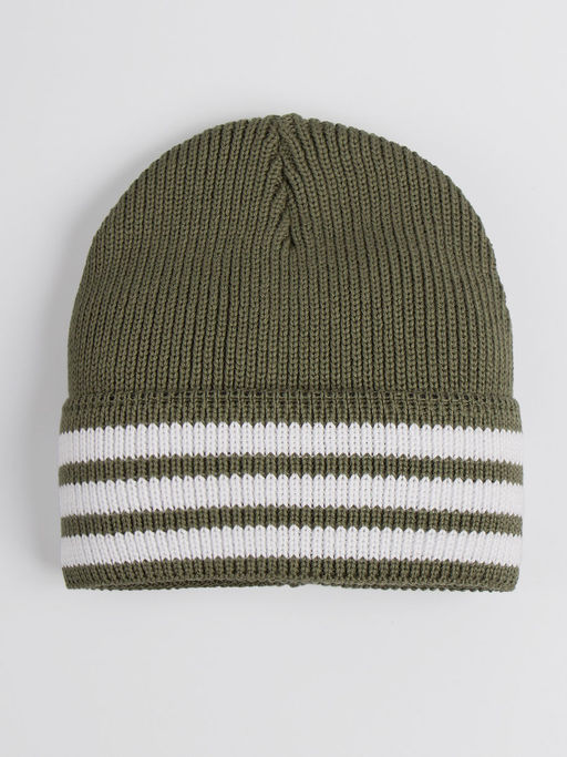 Шапка вязаная детская с тремя полосками на отвороте, хаки