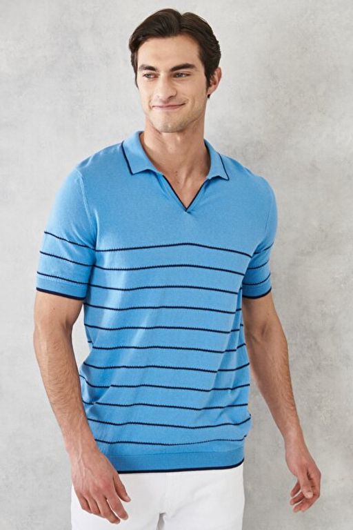 Standart Fit Normal Kesim %100 Pamuk Polo Yaka Mavi-Lacivert Triko Ti__rt 4A4922200201MLI