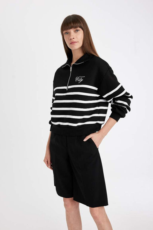 Толстый повседневный свитшот в полоску с половиной молнии обычного кроя - Defacto фото 4