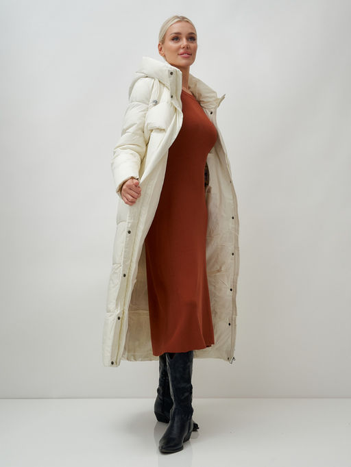Пальто утепленное стеганное зимнее с капюшоном женское бежевого цвета 9611B - Mtforce фото 19