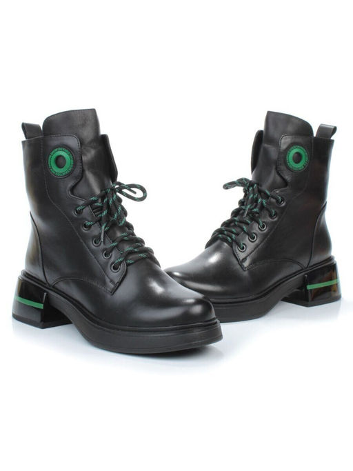 01-P514-4 BLACK/GREEN Ботинки демисезонные женские (натуральная кожа, байка)