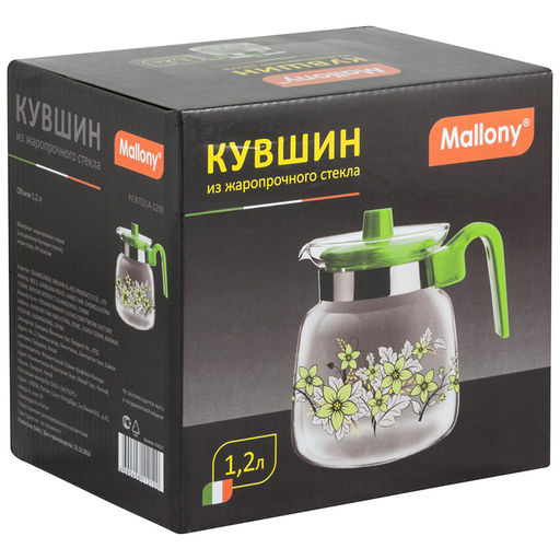 Чайник (Кувшин) из жаропр.стекла Pentola-1200 с пласт.ручкой 1,2л зел.диз. Mallony арт.910117