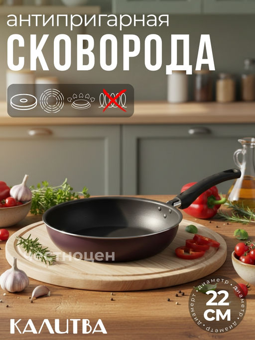 Сковорода 220мм без крышки,1 ручка, Сплав А5 3672213 (серия ВИОЛЕТ)