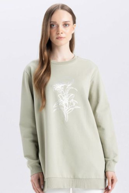 Regular Fit Bisiklet Yaka Cicek Bask?l? Sweatshirt Tunik