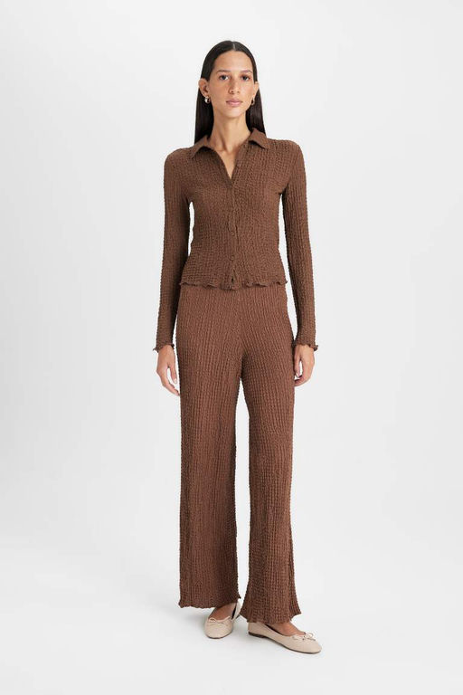 Женская приталенная футболка с длинными рукавами и узким вырезом поло - Defacto фото 2