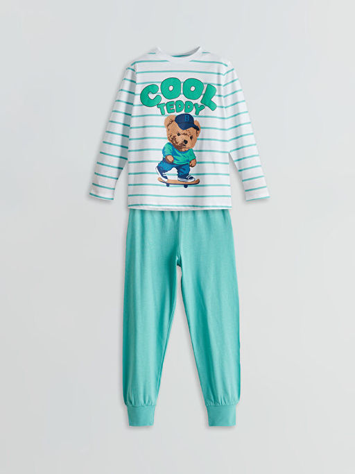 Bisiklet Yaka Ay? Teddy Bask?l? Erkek ?ocuk Pijama Tak?m?
