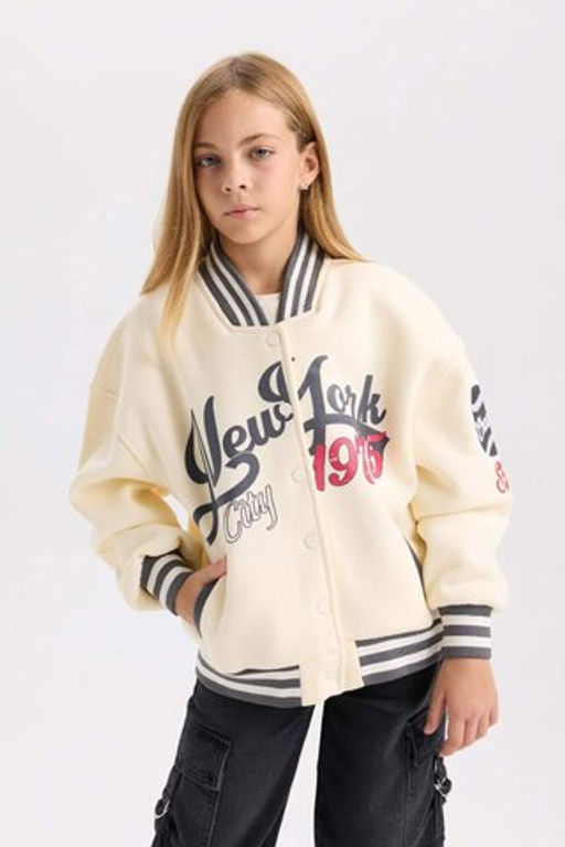 Бомбер с воротником колледжа и принтом для девочек, толстый свитшот из ткани, мягкий пушистый кардиган - Defacto фото 4