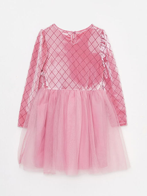 Bisiklet Yaka Desenli Uzun Kollu Kadife K?z ?ocuk Elbise - Waikiki фото 2