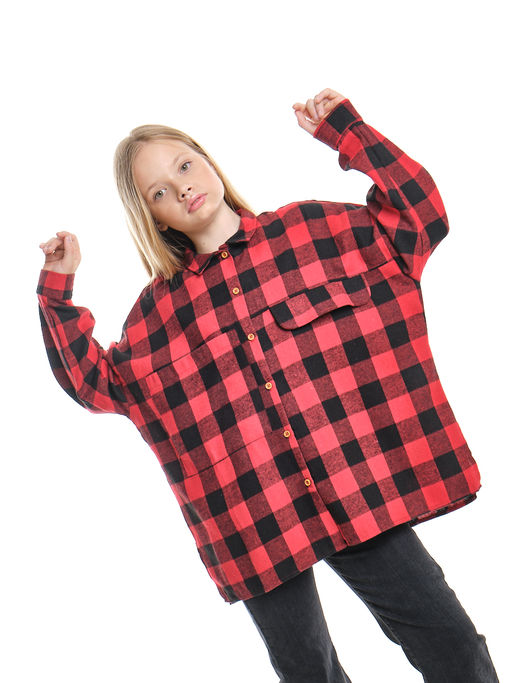 Рубашка в клетку оверсайз с длинным рукавом (128-146см) 22-7462 красная клетка - Mini maxi фото 4