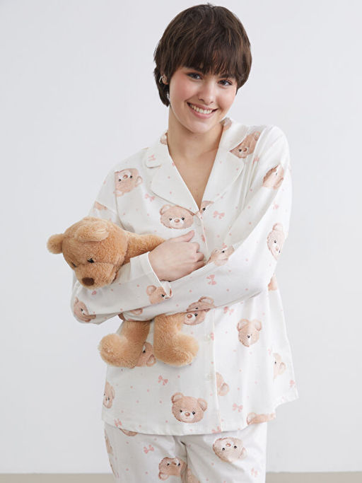 G?mlek Yaka Ay?c?k Bask?l? Kad?n Pijama Tak?m