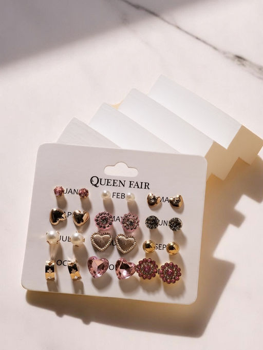 Цена за 2 шт. Серьги пусеты 12 пар «Фантазия» сердца, бело-розовый в золоте