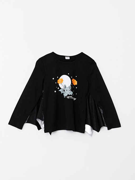 Bisiklet Yaka Renk De?i?tiren Bask?l? Uzun Kollu K?z ?ocuk Ti??rt - Waikiki фото 3