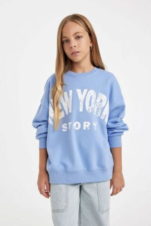 K?z Cocuk Oversize Genis Kal?p Bisiklet Yaka Bask?l? Sweatshirt