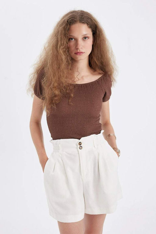 Приталенная футболка с короткими рукавами и открытыми плечами - Defacto фото 6