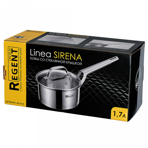 Ковш из нержавеющей стали "Sirena" 1,7л, д16см, h8,5см, s3,6мм, дно s0,6мм, индукционное дно д15,5см, стеклянная крышка, ручка из нержавеющей стали, многослойное капсулированное дно, мерная шкала, цветная коробка, "Regent (Китай)