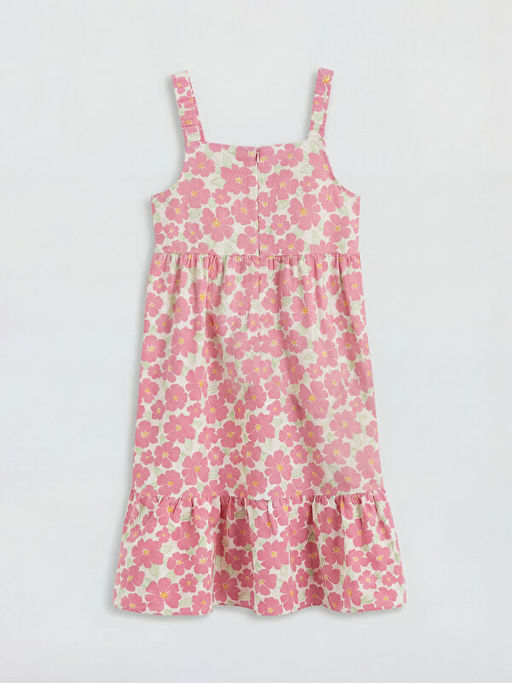 Kare Yaka ?i?ekli K?z ?ocuk Poplin Elbise