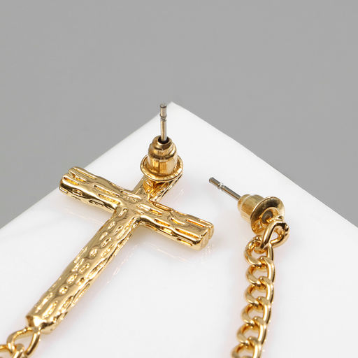 Серьги металл Крест и цепочка плетение, цвет золото