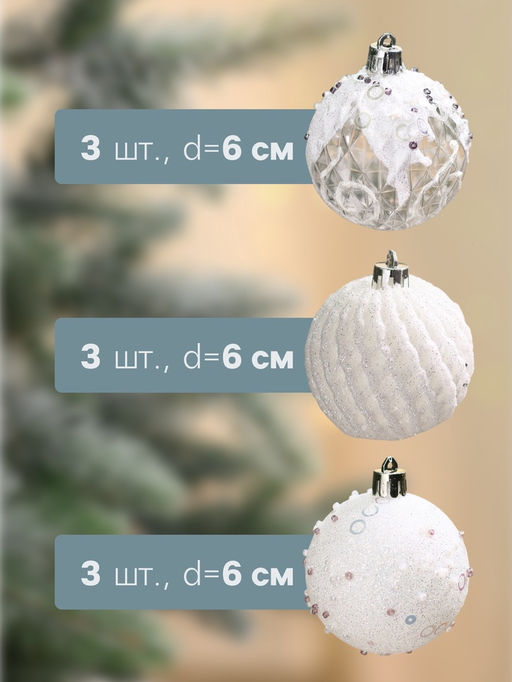 Ёлочные игрушки Снежная изморозь, шары пластиковые, d=6 см, набор 9 шт., белый - Зимнее волшебство фото 4