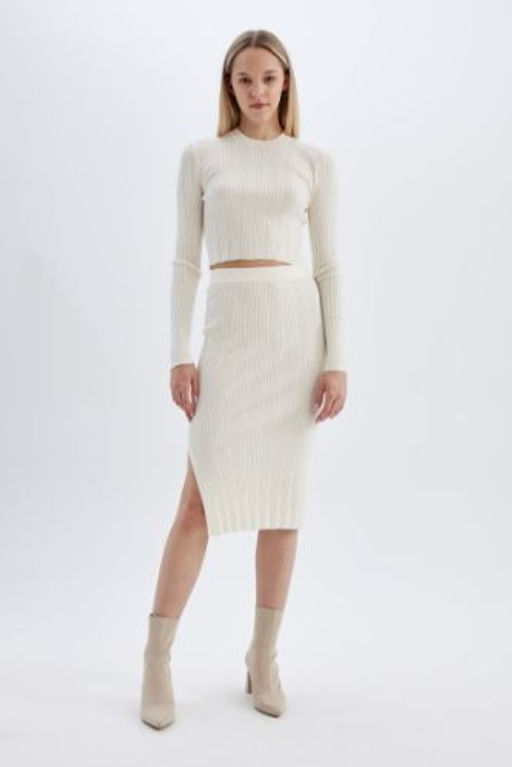 Coool Slim Fit Dar Kesim Basic Duz Y?rtmacl? Triko Midi Etek