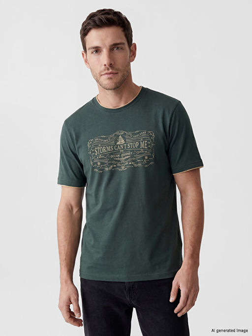 Regular Fit Bisiklet Yaka Bask?l? Erkek Ti??rt