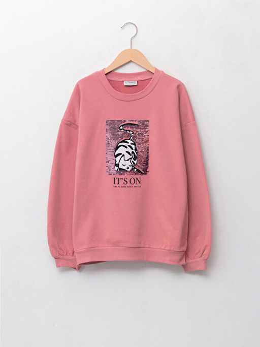 Bisiklet Yaka Bask?l? ?ift Y?nl? Payetli Uzun Kollu K?z ?ocuk Sweatshirt - Waikiki фото 2
